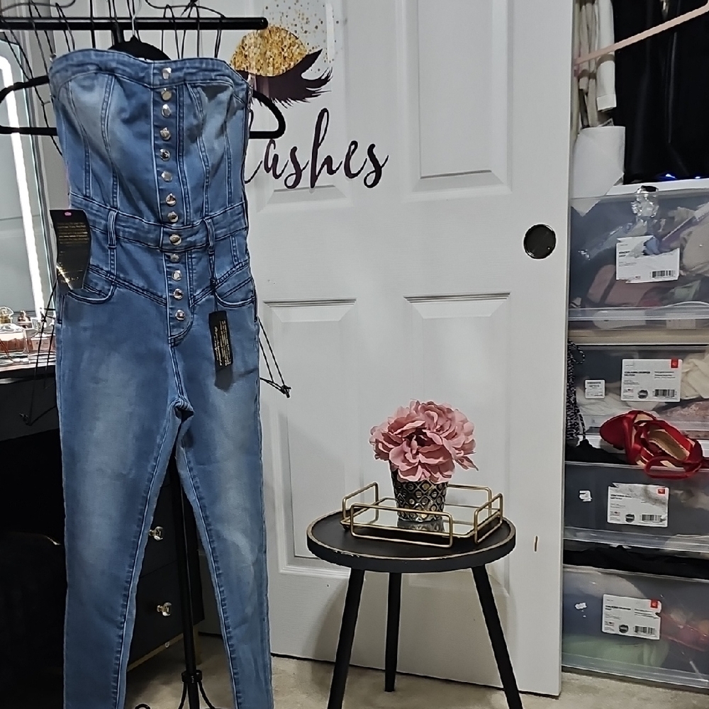 bebe Light Blue Strapless Denim Overalls